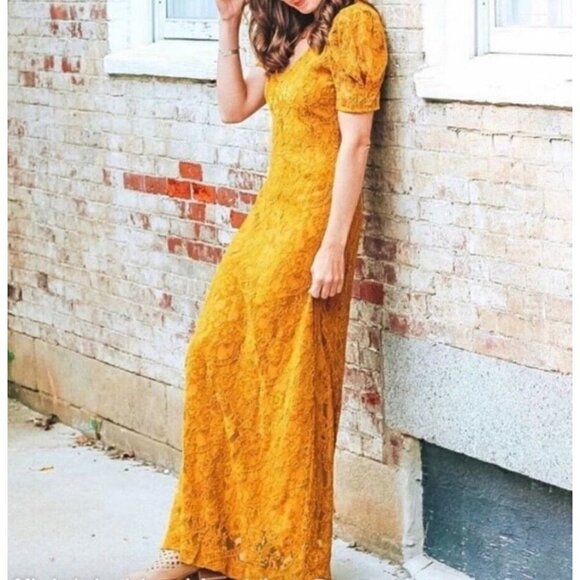 Shabby Chic Sz XS Mustard Yellow Gold Chenille Velvet Lace Maxi Dress NWT NEW - Picture 4 of 16